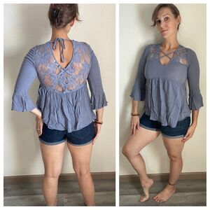 American Eagle Bell Sleeve Top Periwinkle Blue Lace Viscose Small